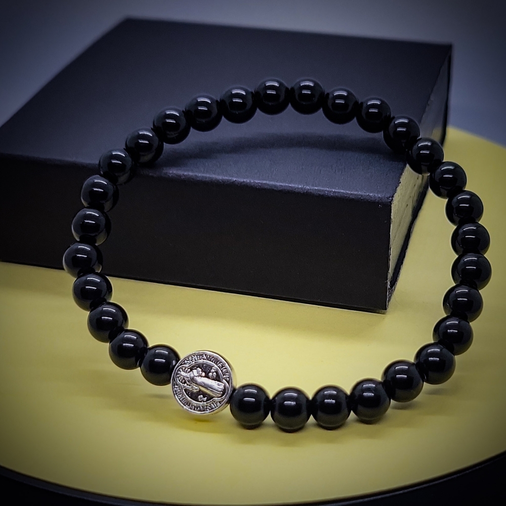 Sleek Black Beaded Bracelet with Silver Charm